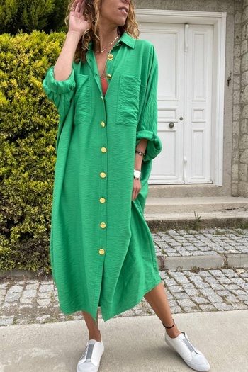 Güneşkızı Women's Green Linen Bat Sleeve Casual Pocket Shirt Dress Bst3282