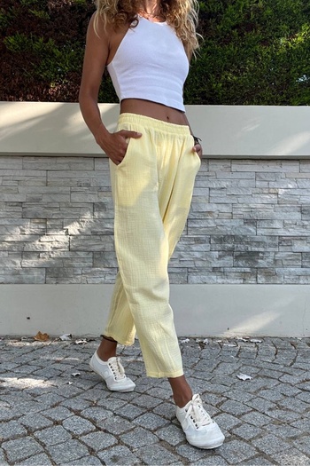 Güneşkızı Women's Yellow Muslin Elastic Waist Pocket Loose Trousers Bst3416