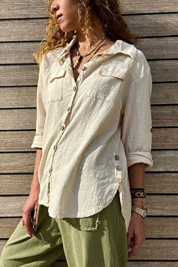Güneşkızı Women's Beige Washed Linen Side Buttoned Double Pocket Casual Shirt Gk-Rsd3013