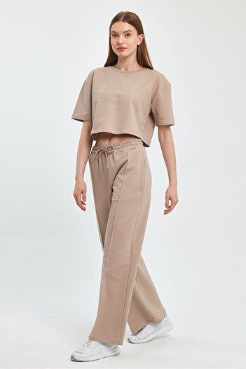 Penyelux Beige Palazzo Trousers - Pocket, Rubber Waist, Wide Leg, 2 String Fabric