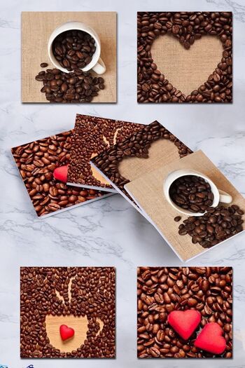 Else Dekor Else Coffee Heart Patterned Set of 4 Coffee Tea Coasters Washable Non-Slip