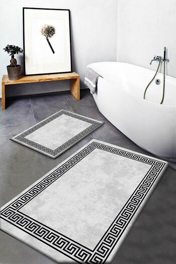 Else Dekor Gray Black Lock Patterned Washable Non-Slip Bathroom Mat 2-Piece Toilet Set Dts-5