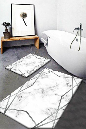 Else Dekor Gray White Black Line Marble Washable Non-Slip Bath Mat 2-Piece Toilet Set Dts-31