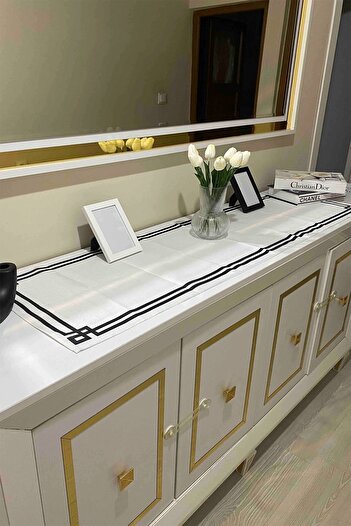 Else Dekor White Black Border Patterned Console Showcase Coffee Table Runner Tablecloth 40x140cm