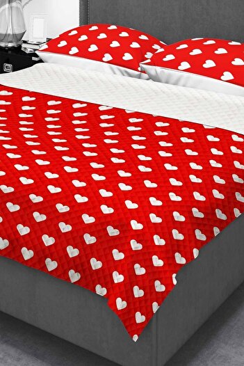 Else Dekor Red Heart Patterned Double Pillowed Printed Bedspread Pique Set 200x220cm