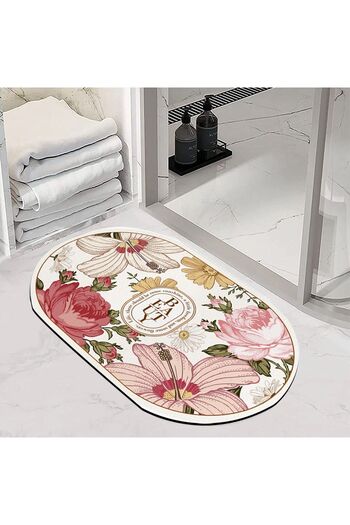 Else Dekor Else Flower Patterned Water Absorbent Shower Front Bath Mat Toilet Seat One Piece Oval Bathroom Rug ynps-04
