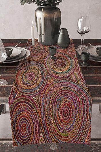 Else Dekor Colorful Knitted Threads Jute Patterned Printed Stain Resistant Washable Decorative Tablecloth Runner