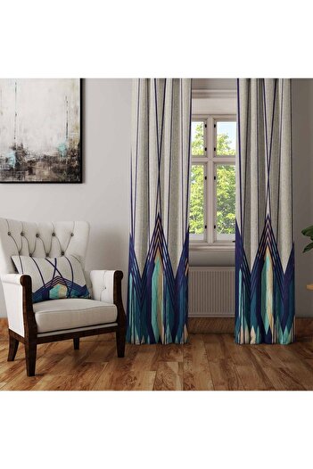 Else Dekor Blue Green Coffee Stripes Geometric Patterned Living Room Background Curtain