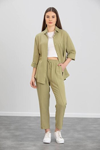 ZF BUTİK Women's Double Linen Shirt Pants Bottom Top Set