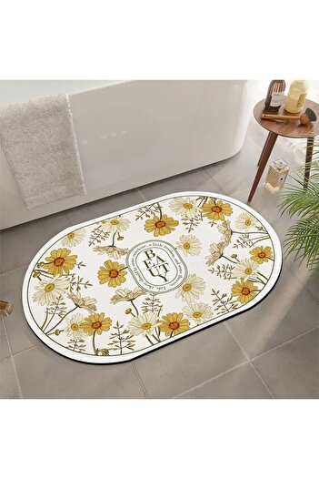 Else Dekor Çiçek Desenli Su Emici Duş Önü Banyo Paspası Klozet Tek Parça Oval Banyo Halısı ynps-06