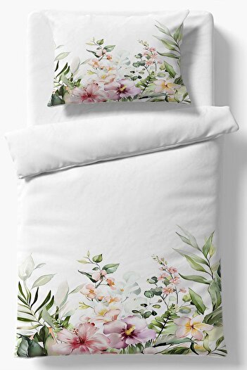 Else Dekor Colorful Flowers Patterned Printed Cotton Satin Single Duvet Cover Set