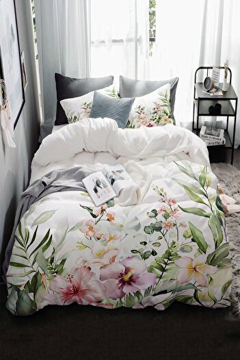 Else Dekor Colorful Flowers Patterned Printed Cotton Satin Double Duvet Cover Set