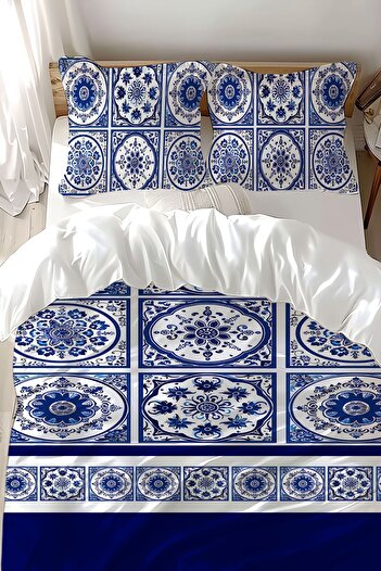 Else Dekor Double Blue and White Tile Patterned Cotton Satin Duvet Cover Set