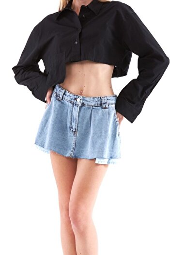 THIMOON Yüksek Bel Pileli Mini Denim Etek