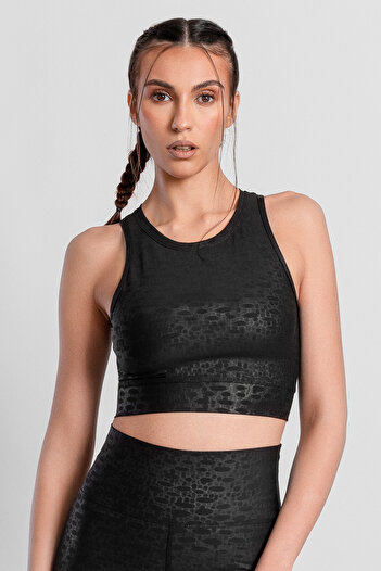 Superstacy Roise Drop Patterned Black Sports Bra