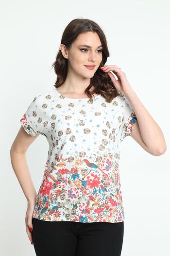 ELLA CAMELIA Women's Short Sleeve Patterned Blouse 5010038 Ecru