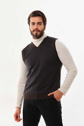 Pelikan Men's V-Neck Patterned Wool Sweater 4P17 Brown