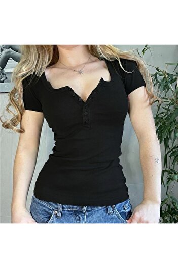 Köstebek V-Neck Buttoned Black Short Sleeve Bodysuit