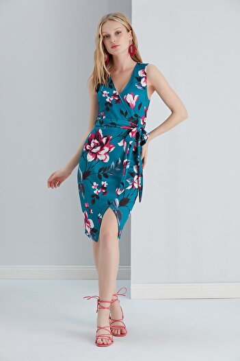 MAMAYAGA Women's Petrol Blue Fuchsia Floral Print Double Breasted Collar Slit Plus Size Sleeveless Stylish Dress