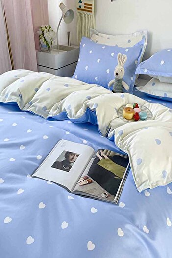 Else Dekor White Blue Heart Double Sided Cotton Satin Single Duvet Cover Set