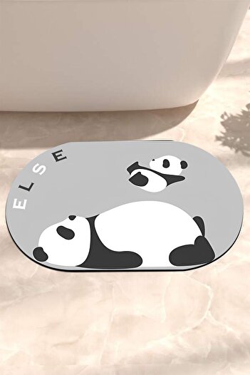 Else Dekor Gray White Panda Pattern Water Absorbent Shower Front Bathroom Rug Doormat Toilet Seat One Piece Oval
