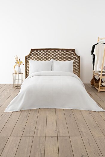 Denizli Concept Double White Waffle Pike Set - Soft and Air Permeable Seasonal Bedspread - 3 Pieces