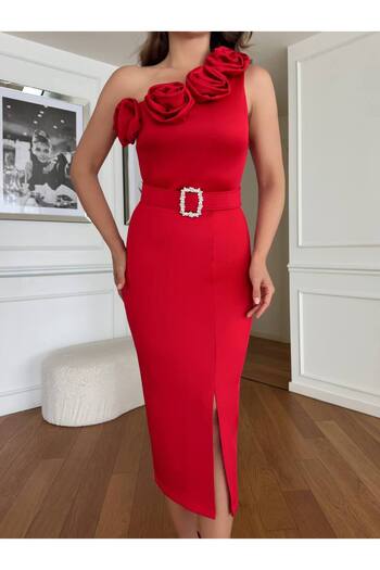 1Moda1Tarz Țesătură creponată roșie Scuba - Rochie de designer cu căptușeală și curea