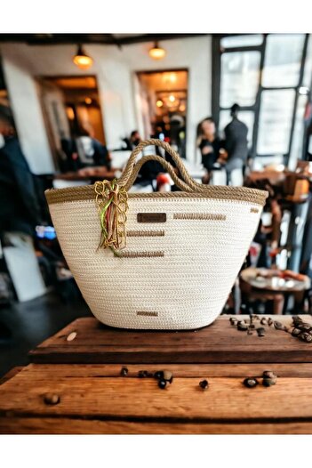 AYŞE SERHOŞOĞLU HOME DESİGN Straw Bag, Daily Handbag, Handmade Design Bag, (MIDI SIZE 20CM.)