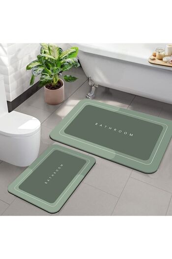Else Dekor Else Green Bathroom Written Patterned Washable Non-Slip Base 2-Piece Bathroom Carpet Mat Toilet Seat Set