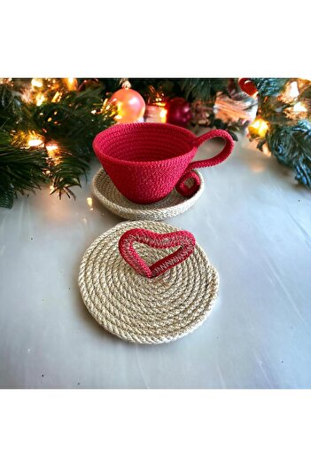 AYŞE SERHOŞOĞLU HOME DESİGN 100% Natural Decorative Straw Gift for Valentine's Day - Cup and Jute Basket
