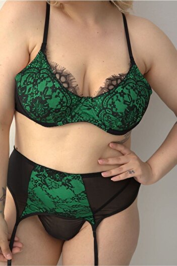 NİMSE LOVE Women's Green Lace Plus Size Sexy Nightgown Fantasy Nightgown