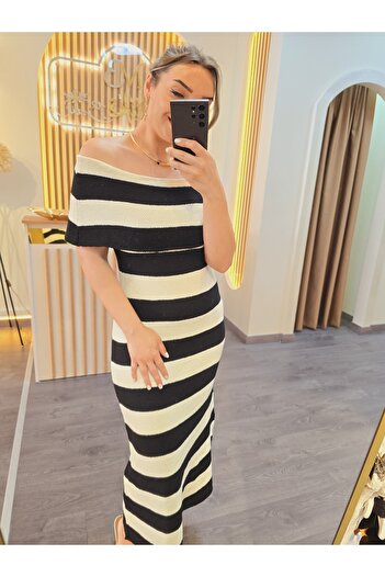 Butik Çizgili Madonna Yaka İnce Triko Elbise