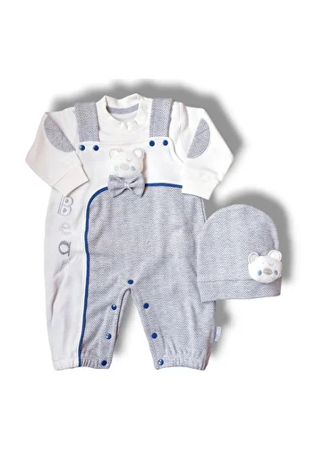 Pegu SET OF 3 SALOPETOYUCKED BEAR EMBROIDERED 100% COTTON KNITTED FABRIC WITH ANTI-ALERGIC HAT