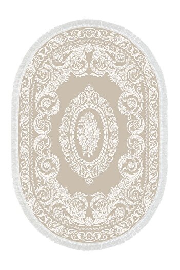 Alanur Home Eko Trend Djt 2 Piece Washable Non-Slip Base Oval Bathroom Mat 747 Classic Beige (50 X 80 - 40 X 50)