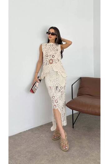 1Moda1Tarz White Lace Patterned Knitwear Blouse and Skirt Set - Summer, Bottom-Top Set