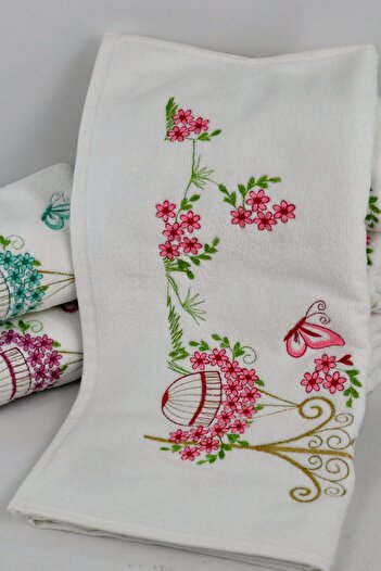 Şelale Hand Towel Camellia Pattern 6-Piece 50x90 Velvet Corner Embroidered Towels