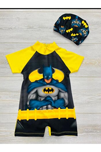 pijama moda Erkek Çocuk Sarı Siyah Batman Desenli Tamvücud Güneş Korumalı Mayo