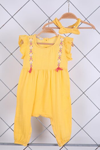 Babyhola 100% Cotton Embroidered Muslin Jumpsuit and Headband for Baby Girl Set of 2 - Yellow 5102