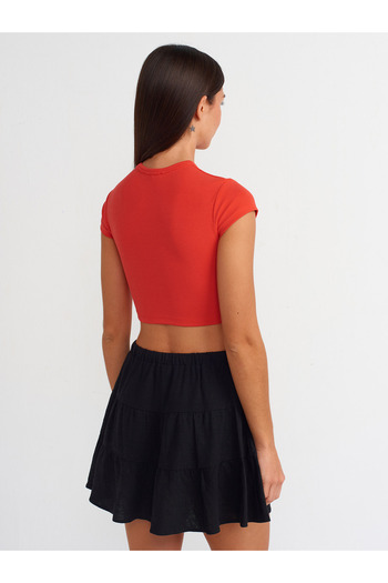 Dilvin 30936 Model Red Crop Top - Fitting on the Body