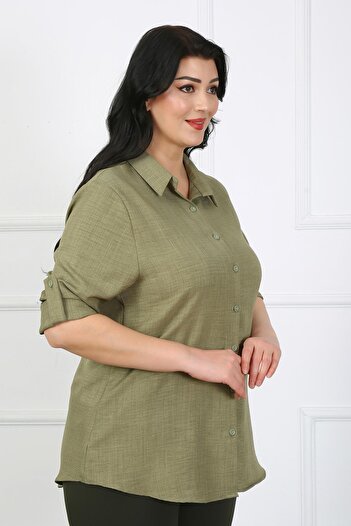 By Alba Collection Women's Khaki Soft Linen Large Size Shirt with Flap Pockets