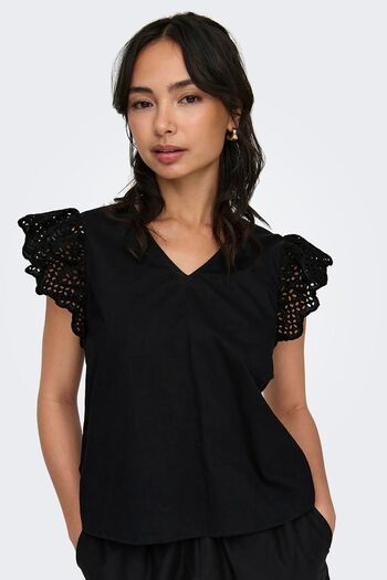 ONLY Damen Onllou Spitze Detaillierte V-Ausschnitt Kurzarm 100% Baumwolle Bluse 15313171 Schwarz
