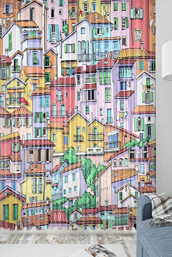 Else Dekor Colorful Houses Patterned Modern Single Wing Tulle Curtain 140x260
