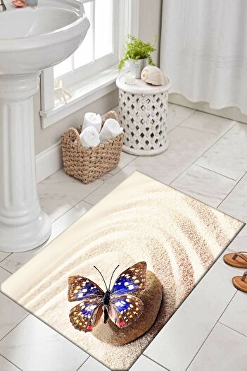 Else Halı Else Blue Sand Butterfly Patterned Washable Non-Slip Base Bath Mat Carpet