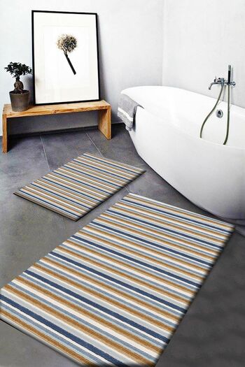 Else Dekor Blue Brown Stripes Patterned Washable Non-Slip Bathroom Mat 2-Piece Toilet Set Dts-18