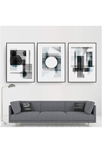 Linacci Set of 3 White Geometric Circular Poster Glass Table Set with Black Metal Frame