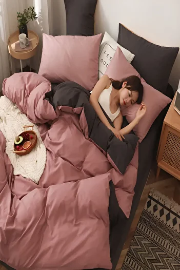 Else Dekor Yavruağzı Pink Anthracite Solid Color Double Sided Cotton Satin Double Duvet Cover Set