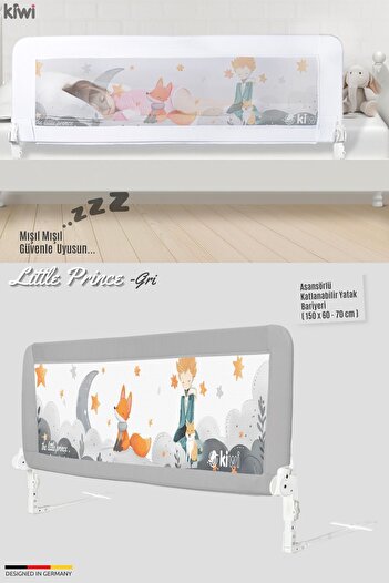 Kiwi Gray Prince Patterned Children's Bed Guard with Elevator, 150x60-70 cm
