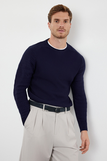 Trendyol Collection Темно-синій светр з текстурованим трикотажем з облягаючим вирізом TMNAW22KZ0380