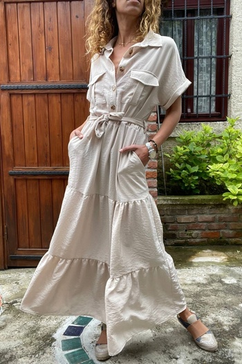 Güneşkızı Women's Beige Half Placket Skirt Pleated Self-Belt Casual Dress Bst3336