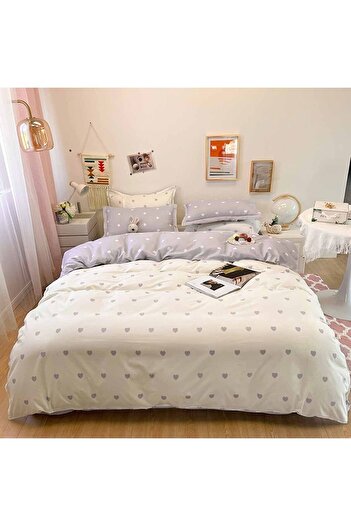 Else Dekor Else Double Sided Gray Hearts Cotton Satin Double Duvet Cover Set